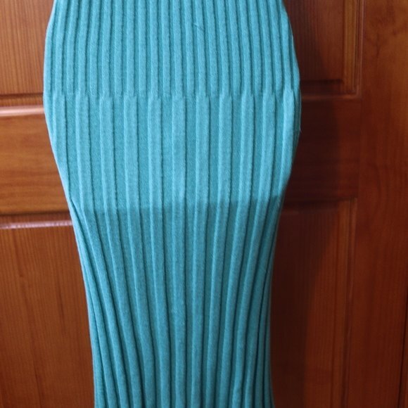 Vintage 90s Teal Green Ribbed Knit V-Neck Midi Dress (Size 14) - Bodycon Belted - Picture 12 of 15